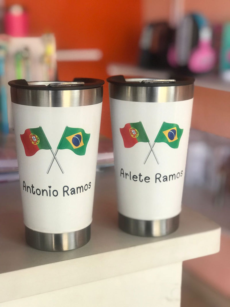 kit com 3 copos térmicos Pretos com personalização colorida